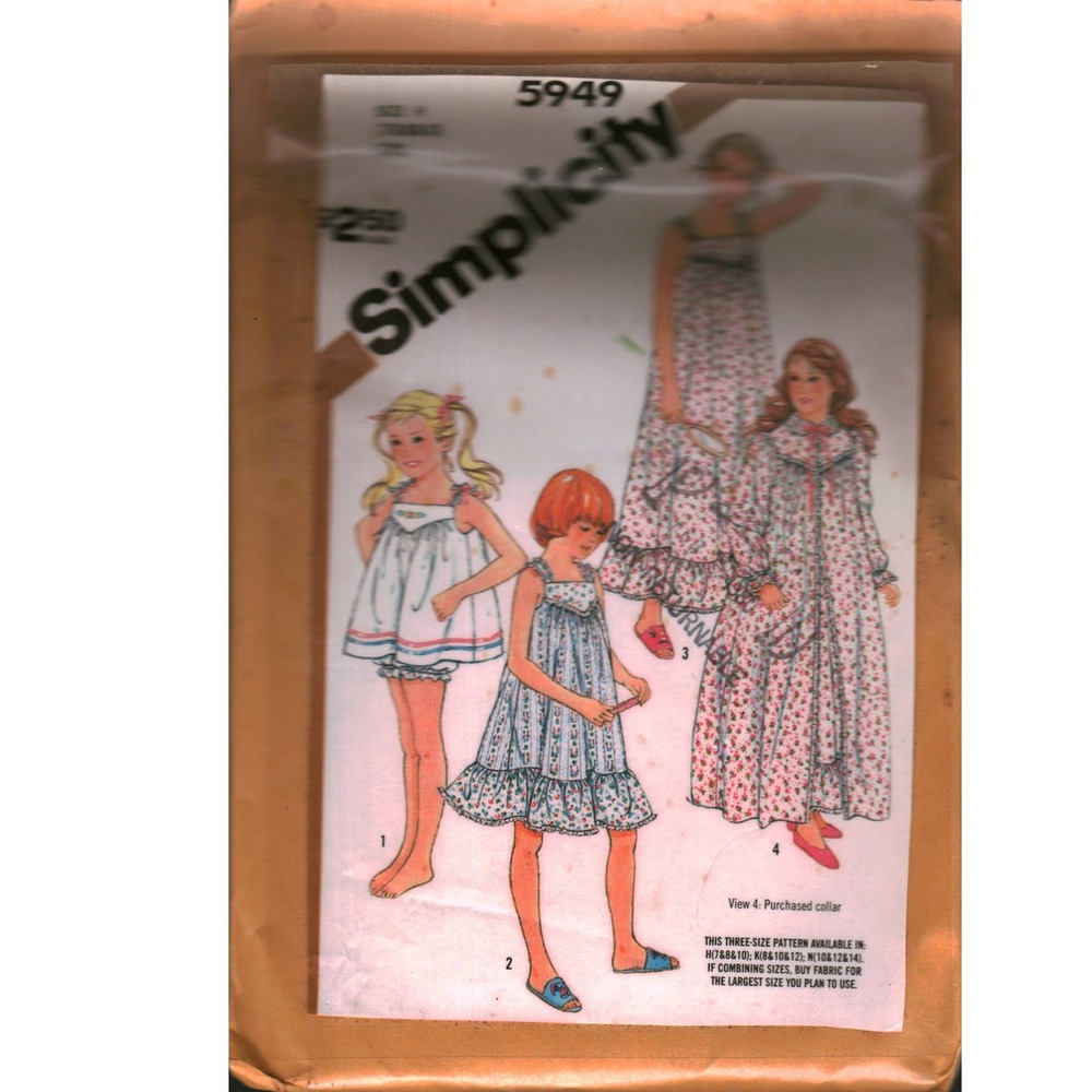Simplicity 5949 Girls Nightgown Baby Dolls Robe Sewing‎ Pattern Sz 7 8  Vintage